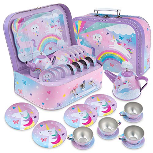 Jewelkeeper 15 Piece Kids Pretend Toy Tin Tea Set & Carrying Case - Cotton Candy Unicorn Design - Girls Gifts