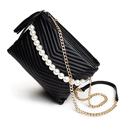 Before & Ever Black Wristlet Clutch Purses for Women White Pearls Gold Chain