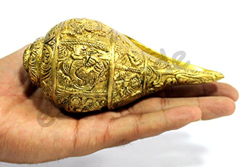 Esplanade Brass Ganesha Carving Shankh Shell Holy Home Decor Shankha Sel Golden