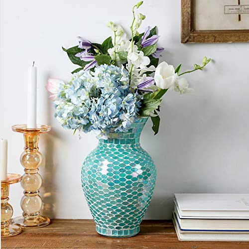 WHOLE HOUSEWARES | Mosaic Glass Vase | 10.5" Home Décor Centerpiece | Elegant Glass Flower Vase For Office, Living Room, Kitchen, Wedding Banquet, Dried And Artificial Flowers | Home Décor (turquoise)