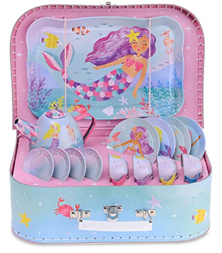 Jewelkeeper 15piece Mermaid Tin Tea Set Pretend Toy With Carrying Case Kids Gift