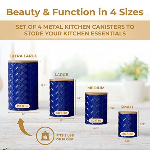 Pebble & Stem Blue Metal Canisters Sets for Kitchen Counter, Kitchen Canisters Set of 4, Airtight Countertop Flour and Sugar Containers, Coffee and Tea Storage, Modern Farmhouse Kitchen Decor