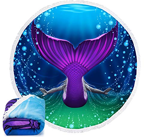 Dawhud Beach Blanket 60x60 Inch Microfiber Circular Throw Mermaid Design Fringe Edge