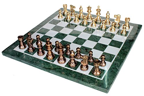 StonKraft Collectible Green Marble Chess Board Set Brass Crafted Pieces Pawns