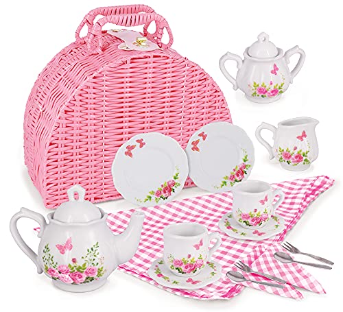 Jewelkeeper Tea Set Girls Porcelain Pink Basket Floral Design 18 Pieces
