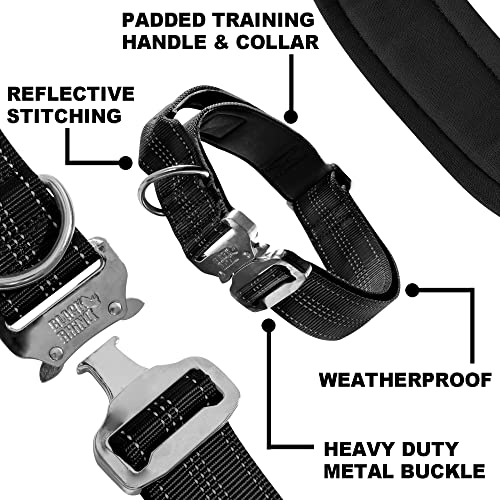 Black Rhino - Tactical Dog Collar Ultra-Soft Neoprene Padded Dog Collars for Medium, Large, XL Dogs | Heavy Duty Metal Buckle | Padded Handle for Dog Training (Large, Black)
