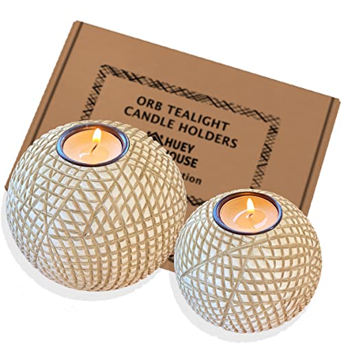 Luca Orb Candle Holders (Gift Boxed Set of 2), Table Centerpieces for Dining or Living Room(Grid Pattern, Beige and White)