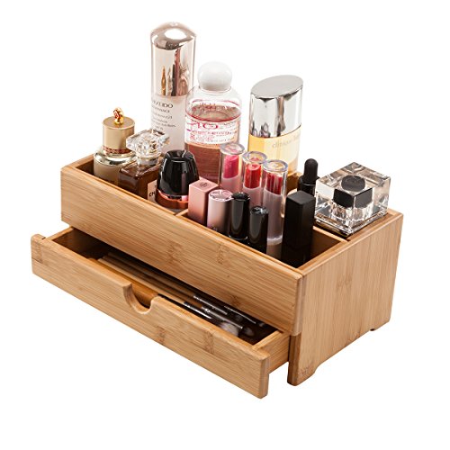 GOBAM Bamboo Makeup Organizer and Storage with Drawer, Medium - Wooden Cosmetic Organizer Countertop for Bathroom, Bedroom, Closet, Kitchen, Vanity & Dresser - Make up Vanity Station - Natural