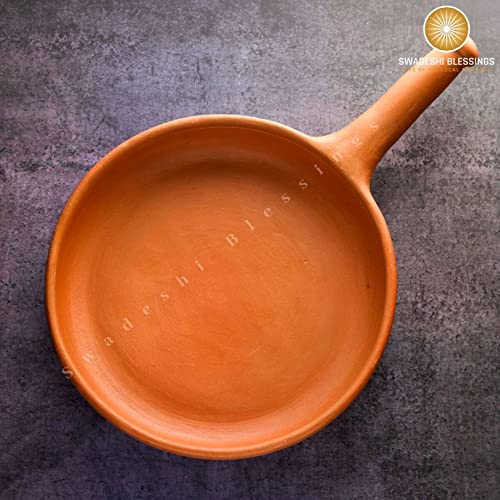 SWADESHI BLESSINGS Unglazed Clay Frying Pan/Earthen Wok/Clay Skillet, 10 Inches Exclusive Range/Curry Sauce Pan/Griddle/Spider Fry Pan