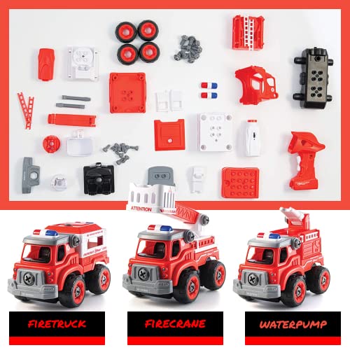 Truck Toy with Drill Take Apart Trucks Construction Set  Converts to Remote Control Fire Truck 3 in 1 Electric Construction Truck for Kids