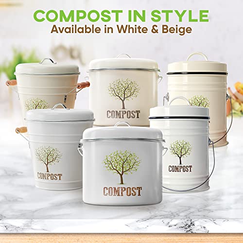 Third Rock Kitchen Compost Bin - 1.3 Gallon Indoor Compost Bin Countertop - Includes Inner Compost Bucket Liner & Charcoal Filter, White