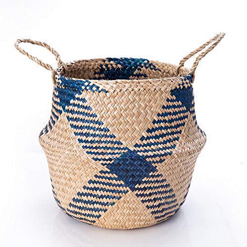 Symmetric Matrix Plant Basket Seagrass Belly Basket Stylish Blue Small