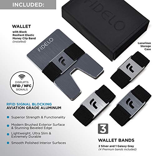 Fidelo Minimalist Wallet for Men – Slim Pop Up Wallet With Money Clip Made of Aluminum with Pull Tab for Quick access - RFID Blocking Smart Wallet With 4 Modern Cash Bands - Titan Galaxy Grey