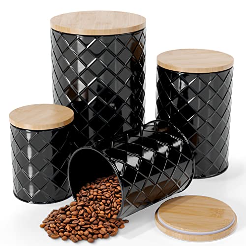 Pebble & Stem Black Canisters Sets for Kitchen Counter, Kitchen Canisters Set of 4, Airtight Countertop Flour and Sugar Containers, Coffee and Tea Storage, Modern Farmhouse Kitchen Decor, Metal