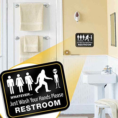Funny Bathroom Sign for Restroom by Bigtime Signs | 11.5" x 8.75" Rigid PVC | All Gender Bigfoot & Alien Wash Your Hands Please - Bathroom Decor and Bathroom Signs, Funny Bathroom Signs