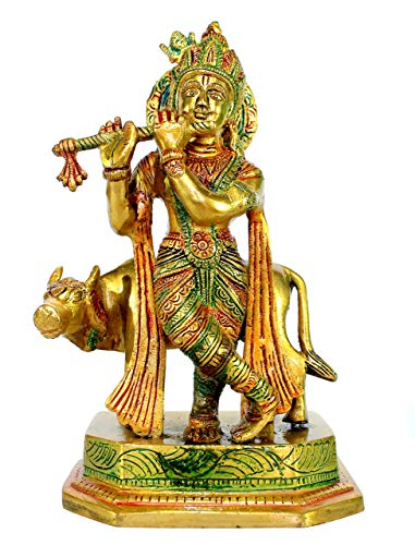 Stonkraft Lord Krishna Kamdhenu Cow Statue 8 Brass Multi Color