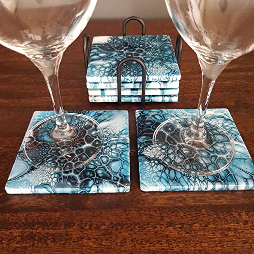 Ceramic Coaster Sets - 12 Square 4 INCH MATT Absorbent Coasters - Cork Backing & 2 Metal Stands - for Acrylic Pouring