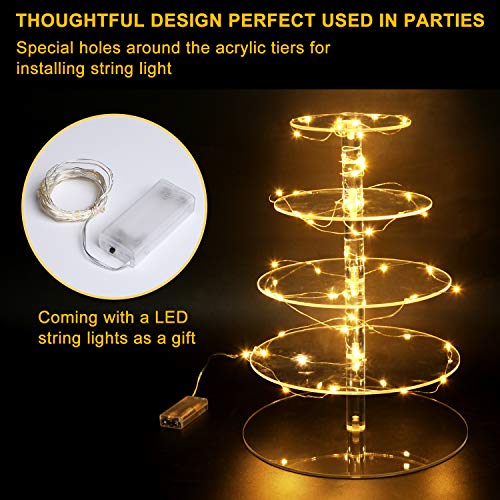 Vdomus 5 Tier Acrylic Cupcake Stand with Display LED String Lights Pastry Cake Stand Dessert Tree Cupcake Stand Tower for Birthday/ Wedding Party Warm, Round