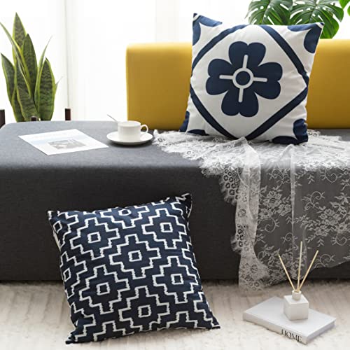 Premium Navy Royal Blue and White Decorative Soft Velvet Throw Pillow, 2 Packs of Square 16"(Include Inserts) with Modern Geometric,Quatrefoil Patterns Cushion for Bedroom, Living Room, Couch Decor