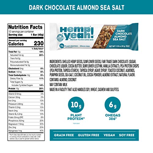 Manitoba Harvest Hemp Yeah! Bars, Dark Chocolate Almond Sea Salt, 10g Plant Protein, Grain and Gluten Free, 6g Omegas 3&6, Healthy Granola Alternative, 12 Count, Packaging May Vary