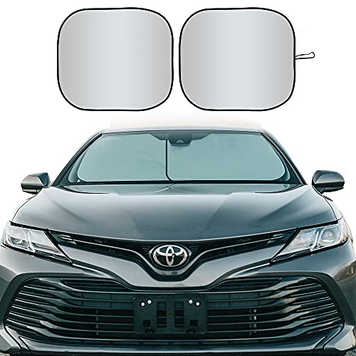 Enovoe Car Sunshades for Windshield with Bonus Drawstring Pouch Bag with Woven Logo. Premium 230T Reflective Material Blocks Heat. Windshield Cover Sun Shade Keeps Vehicle Cool - 31 x 28 in