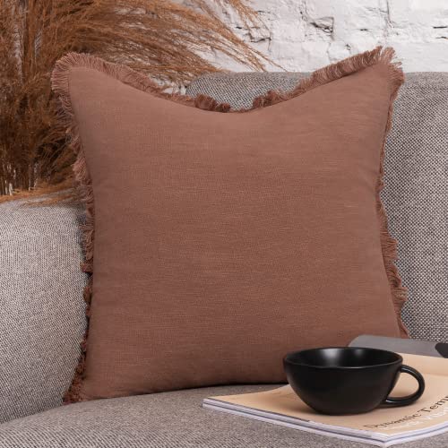 INSPIRED IVORY Linen Pillow Cover 18x18 Inch - Rustic Decorative Cinnamon Brown Throw Pillow Cover with Fringe - Farmhouse Accent Pillow Cushion Cover for Sofa, Couch, Bed Decor, Single Sham, 45x45cm