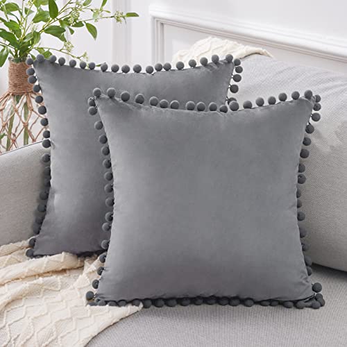 Top Finel Decorative Euro Throw Pillow Covers 26 x 26 Inch Soft Particles Velvet Solid Cushion Covers with Pom-poms 65 x 65 cm, Pack of 2, Grey