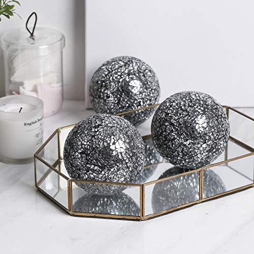 WHOLE HOUSEWARES Decorative Balls Set of 3 Glass Mosaic Orbs 4" Black Silver