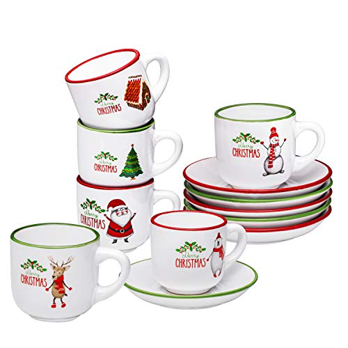 Bruntmor 4 Oz Christmas Espresso Coffee Cup Set of 6, Cute 4 Ounce Ceramic Mug with Saucer In Christmas Theme, Best tea cups