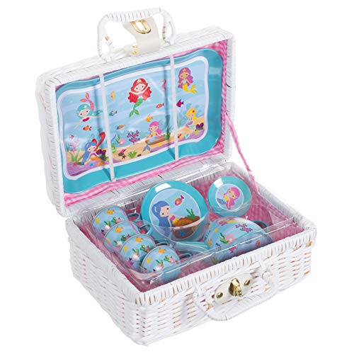 Delton Products Mermaid 15 Piece Tin Tea Set in Fabric Lines Basket