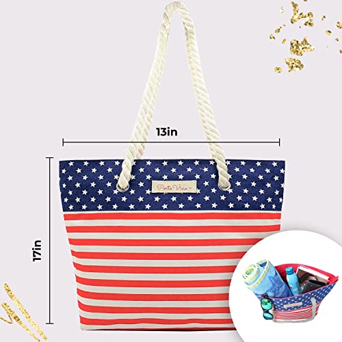 PortoVino Tote Beach Bag - Canvas Wine Purse with Hidden Spout and Dispenser Flask Traveling, Concerts, Bachelorette Party - USA Flag