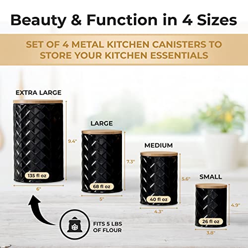 Pebble & Stem Black Canisters Sets for Kitchen Counter, Kitchen Canisters Set of 4, Airtight Countertop Flour and Sugar Containers, Coffee and Tea Storage, Modern Farmhouse Kitchen Decor, Metal