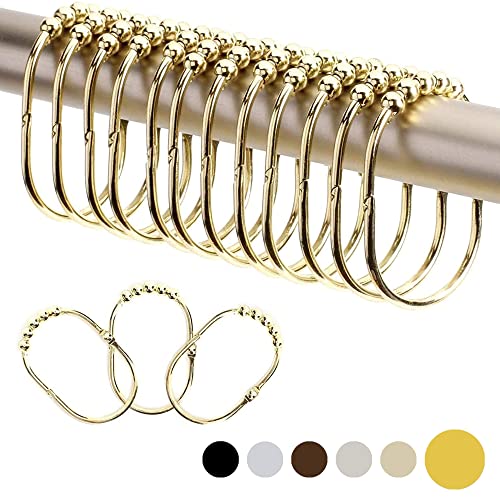 2LB Depot Wide Shower Curtain Hooks/Rings Set, Decorative Gold Finish, Easy Glide Rollers, 100% Rustproof Stainless Steel, Set of 12 Rings for Shower Rods
