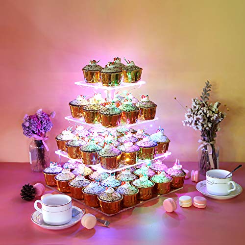 Vdomus Pastry Stand 4 Tier Acrylic Cupcake Display Stand with LED String Lights Dessert Tree Tower for Birthday/Wedding Party (Multicolor)