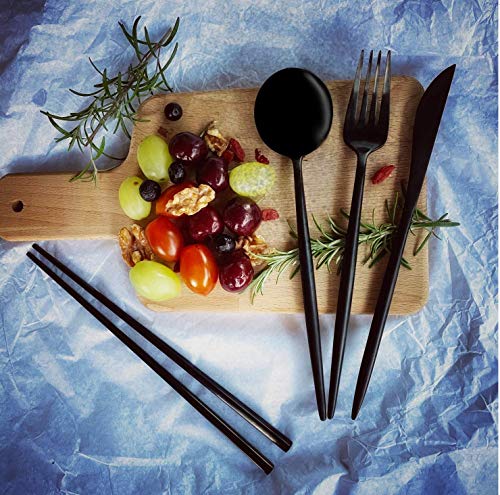 Matte Black Cutlery Set - 16-piece KiiZYs Kitchen Silverware Set - Korean Chopsticks Stainless Steel Flatware Utensil Set - Spoons Forks Knife Dishwasher Safe - New Home Wedding Gifts (Black, 4 Sets)