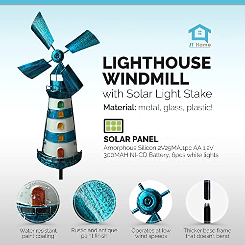 JT Home Blue Solar Lighthouse with LED Light- Decorative Outdoor Solar Lighthouse - Automatic Solar Powered Lighthouse Lamp for Garden, Patio & Lawn- 40” Tall