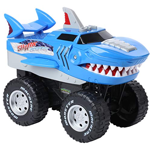 Powerful Shark Chomper Monster Truck- Battery Powered Shark Car Lights Up with Revving Engine Sounds and Pops Wheelies - Great Gift for Boys and Girls Ages 3+