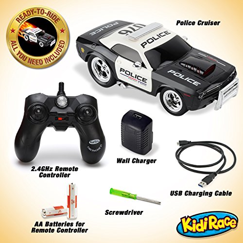 KidiRace Remote Control Police Car Toy with Lights and Sirens for Boys Black /White