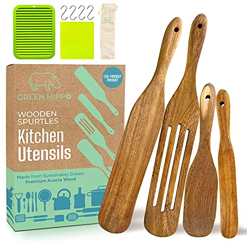 Wooden Cooking Utensils Set As Seen On TV, Premium Wood Spurtle Kitchen Tool Kitchen Cookware, Non-stick Heat Resistant Natural Spurtles, Ideal for Baking, Cooking, Flipping