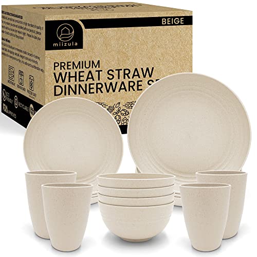 Miizula Premium Wheat Straw Plastic Dinnerware Set 16-piece BEIGE - Unbreakable Reusable Dinner Plates and Bowls Cups - Microwave Dishwasher Freezer Safe - Deep Spillproof - Eco Friendly