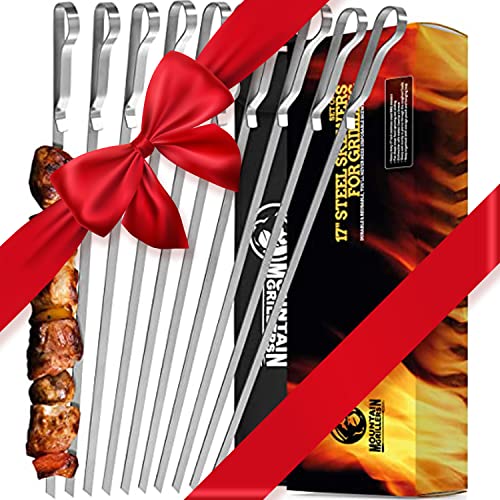 BBQ Grilling Kabob Skewers - 17” Stainless Steel - Long Reusable Flat Metal - Barbecue Shish Kebab Sticks – Set of 10 w/ Handy Storage Bag