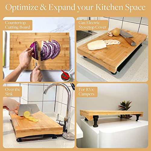 Cutting Board, GOBAM Bamboo Stovetop Cover Cutting Board with Adjustable Legs, 19.7 x 11 x 3.54 Inches - Ideal for RV, Campers, Apartments, Dorms 