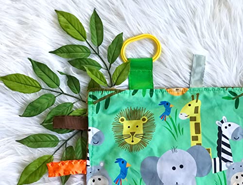 Zoo Baby Animal Tag Toy Security Blanket with Textures: 18”X14” (Jungle Safari)