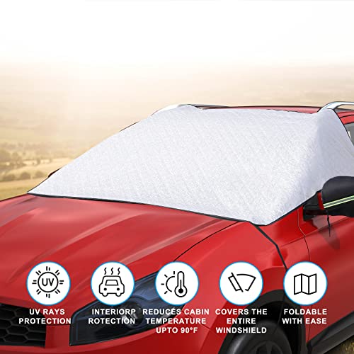 Kaskawise Car Windshield Sunshade, Car Sunshade with Side Mirror Protector for UV and Sun Heat Protection, Waterproof and Windproof Car Sunshade for Trucks and SUVs 59×78.3 Inches (Silver)
