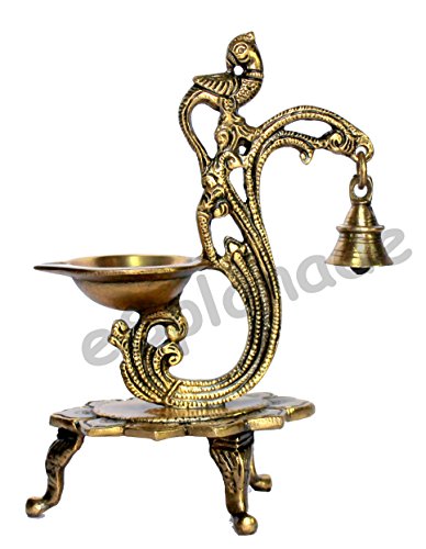 eSplanade - 8" - Peacock Diya with Bell - Lotus Shaped Round Brass Diya | Oil Lamp Deepam | Home Decor | Kuthu Vilakku | Oil Lamps for Home and Office