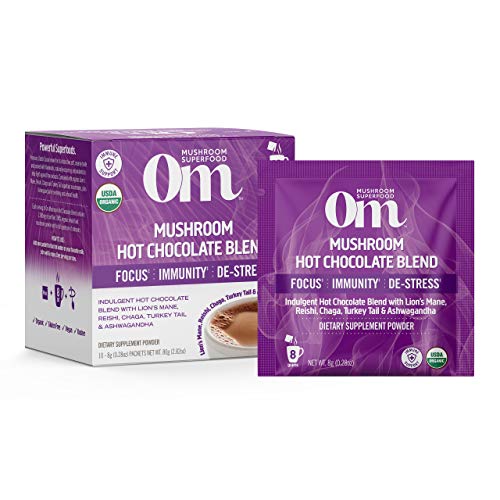 Om Mushroom Superfood Hot Chocolate Blend Mushroom Powder, Single Serve, 10 Count, Dutch Cocoa, 2g of Sugar, 25 Calories, Lion's Mane, Reishi, Chaga, Turkey Tail, Focus and Stress Support