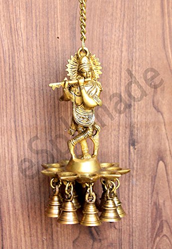 Esplanade Krishna Wall Hanging Brass Diya With Bells Height 9 Inches Golden