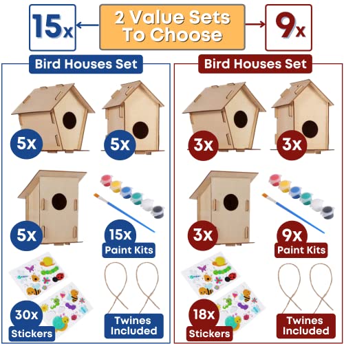 12 Wooden Birdhouses - Crafts for Girls and Boys - Kids Bulk Arts and Crafts Set - 12 DIY Unfinished Wood Bird House Kits, 12 Paint Strips, 12