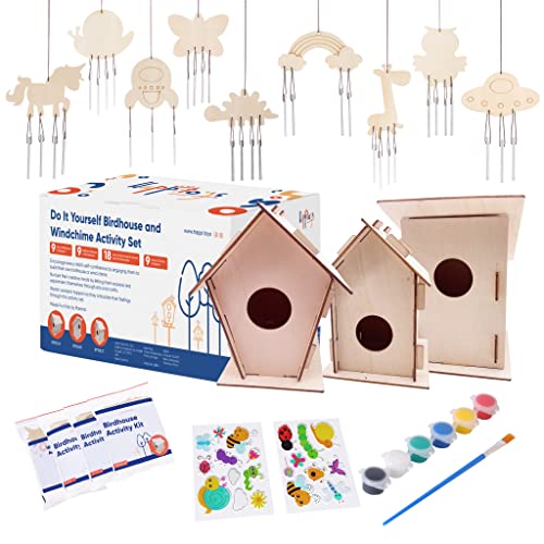 9 Wooden Birdhouses & 9 Wind Chimes Kits for Boys Girls