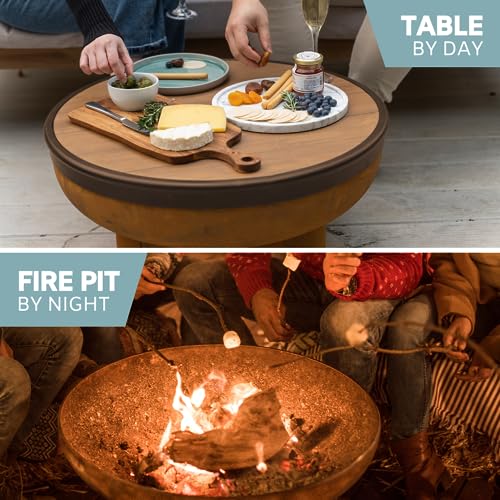 DENKOE Cast Iron Fire Pit Table with Lid, Extra Thick and Heavy Duty Fire Bowl, Deep Round Firepit for Outdoor Bonfire Gatherings, Wood Burning Firepits for Outside Patio, Modern Outdoor Fire Pits